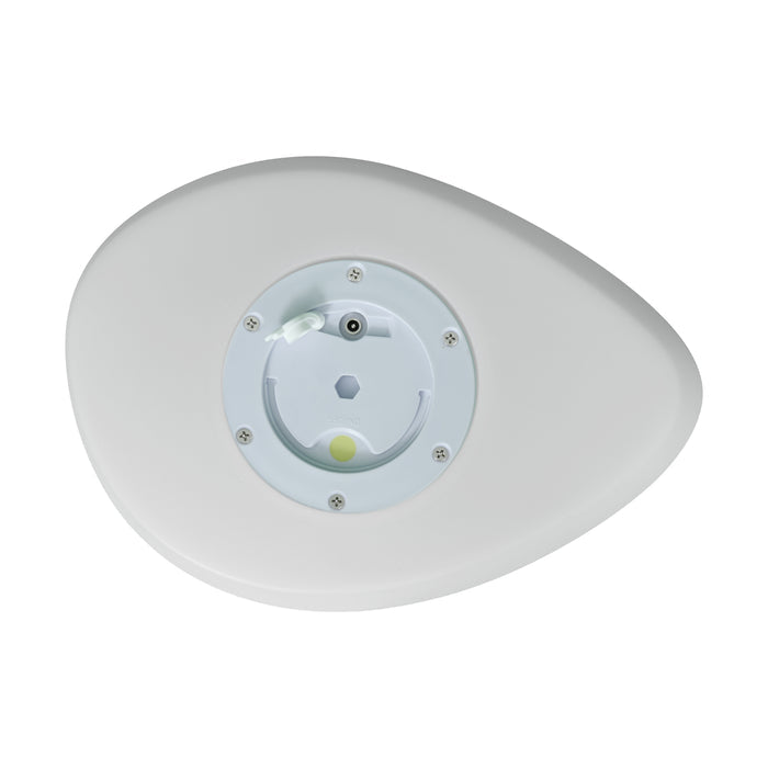 The underside of the Solar Charging Outdoor LED Rock Light, showing its asymmetrical droplet-shaped plastic housing, DC-barrel jack, on/off switch, hexagonal battery compartment, and yellow silicone gasket.