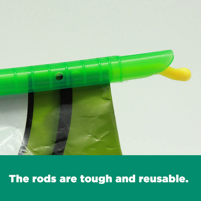 Close-up of 6pcs Kitchen Sealing Stick Reusable Clips Bag Sealer Green, showcasing a green rod clipped over a flexible bag with a yellow end-stop, emphasizing its durable, reusable design.