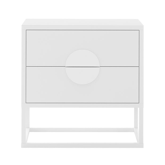 Abigail 55cm 2-Drawer Bedside Table w/ Handle - White; minimalist design with two central drawers, circular handle detail, raised on a rectangular metal frame, ideal for contemporary and minimalist interiors.