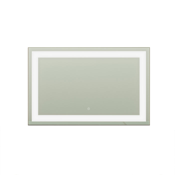 Adeline Wall Mount Touch Screen Mirror with LED Light in Black, featuring a rectangular design with integrated LED lighting and a central touch-button for easy control, set against a plain background.