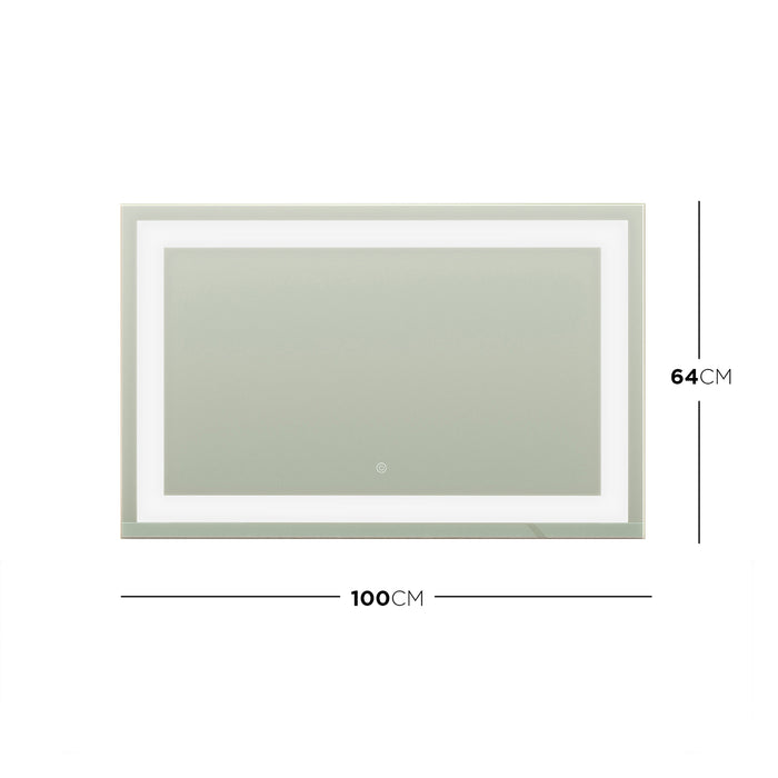 Adeline Wall Mount Touch Screen Mirror with LED Light in Black, featuring a rectangular shape with illuminated inner border, touch-sensitive on/off switch at lower center, and sleek black frame for contemporary style.