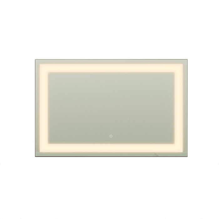 Adeline Wall Mount Touch Screen Mirror with LED Light in Black features a modern rectangular design, LED backlighting along the edges, and a touch-sensor power icon on the bottom center.