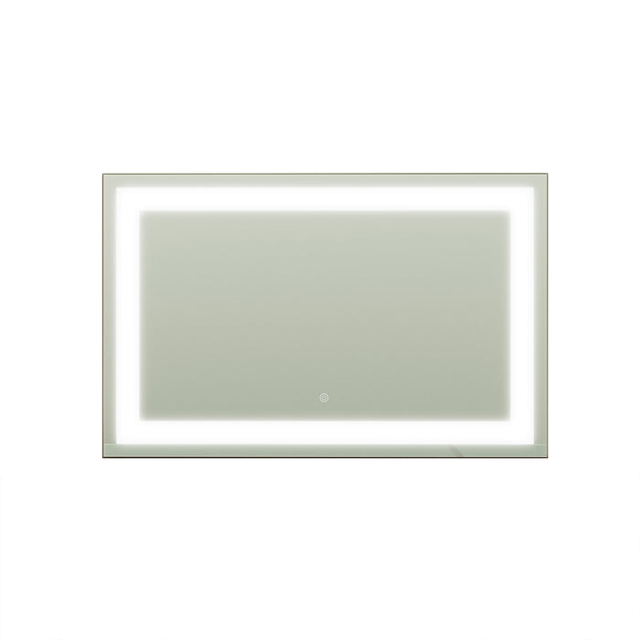 Adeline Wall Mount Touch Screen Mirror with LED Light in Black features a sleek, rectangular design with an integrated LED backlit border and a circular touch-on button, ideal for modern spaces.