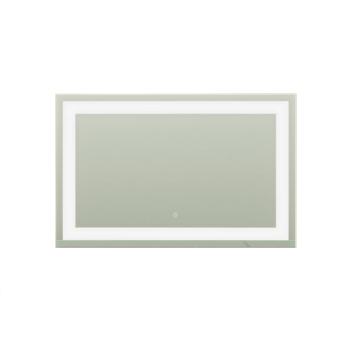 Adeline Wall Mount Touch Screen Mirror with LED Light in White, featuring a rectangular design, backlit LED border, and a touch-sensitive switch at the bottom, ideal for stylish, illuminated grooming.