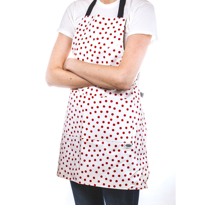 freckled sage dot red oilcloth apron