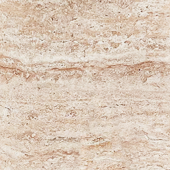 Amalee 40cm Round Indoor/Outdoor Concrete Side Table Travertine, showcasing a close-up of its light-beige marble-like surface with subtle horizontal veining and fine grain, highlighting its natural, textured elegance.