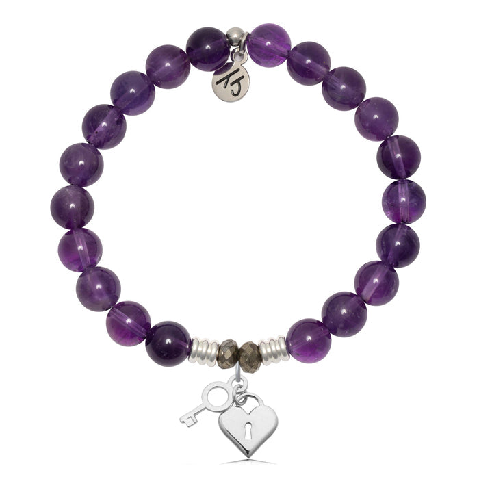 Amethyst Gemstone Bracelet with Key to my Heart Sterling Silver Charm