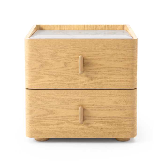 Light wood modern nightstand with two drawers on a white background
