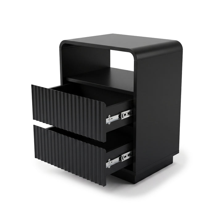 Black nightstand with both drawers pulled out on a white background