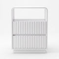 Front view of a white nightstand on a white background with two ribbed drawers and an open shelf.