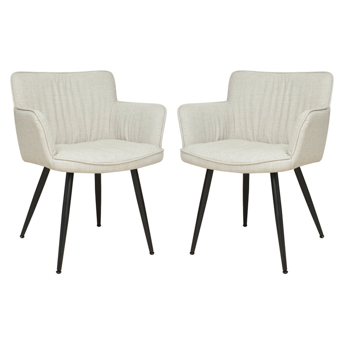 Anthony Linen Dining Chair with Arms Set of 2 in Beige, featuring cream-beige textured upholstery with vertical stitching, low integrated armrests, and slim black metal legs, embodies modern elegance and comfort.