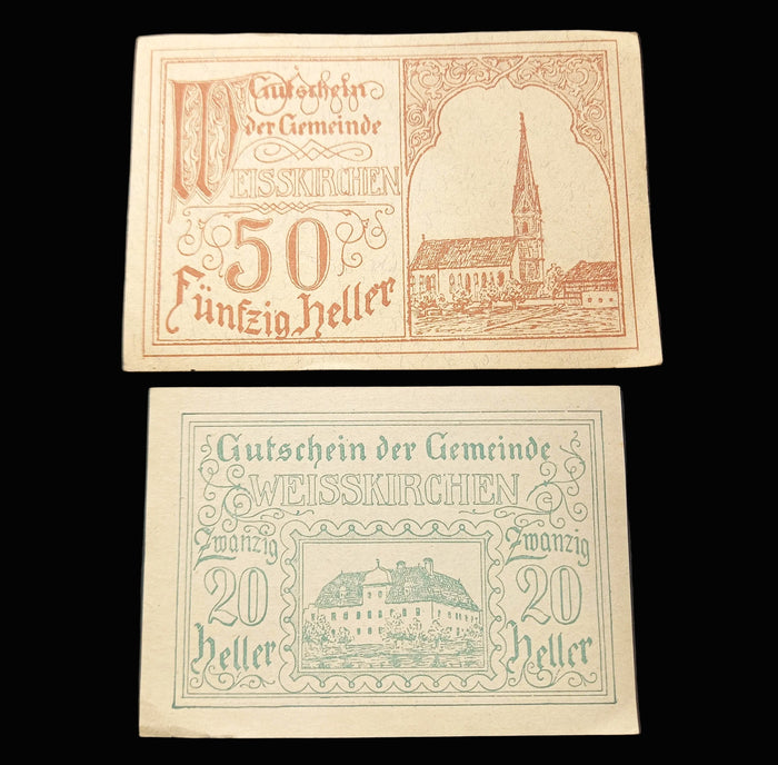Antique Banknote 1920 Austria Weisskirchen Notgeld Set 50 & 20 Heller Emergency Money
