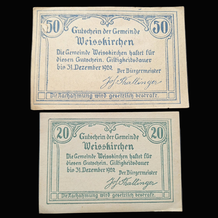 Antique Banknote 1920 Austria Weisskirchen Notgeld Set 50 & 20 Heller Emergency Money