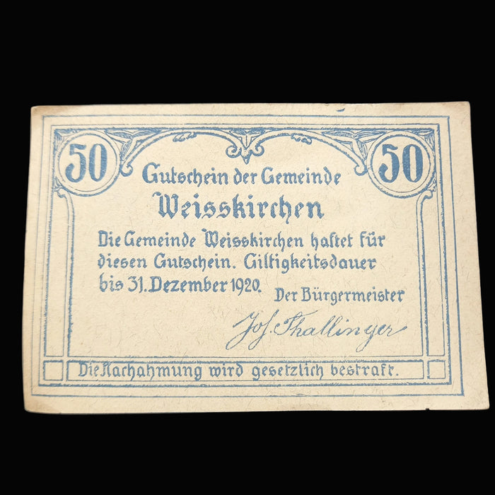 Antique Banknote 1920 Austria Weisskirchen Notgeld Set 50 & 20 Heller Emergency Money