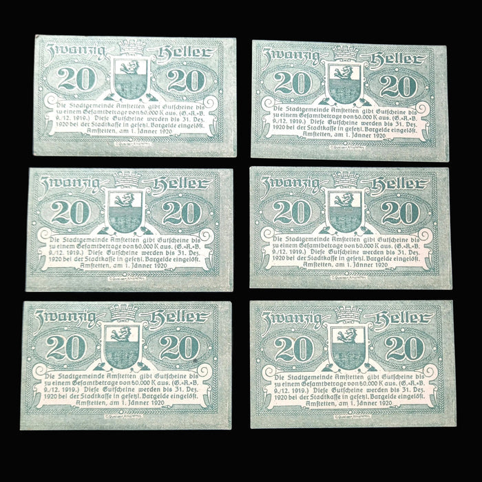 Antique Banknote Notgeld 1920 Austria Amstetten 20 Heller Emergency Money Lot of 6
