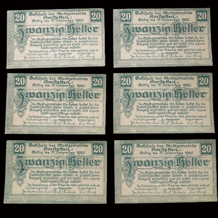 Antique Banknote Notgeld 1920 Austria Amstetten 20 Heller Emergency Money Lot of 6