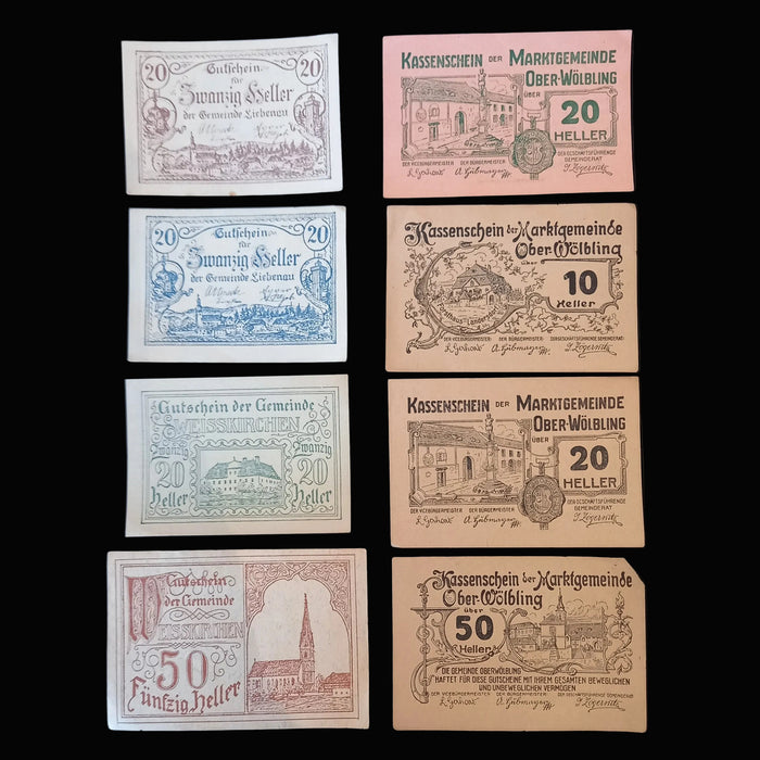 Antique Banknote Notgeld 1920 Austria Architecture 8pc Set Liebenau Ober-Wolbling Weisskirchen