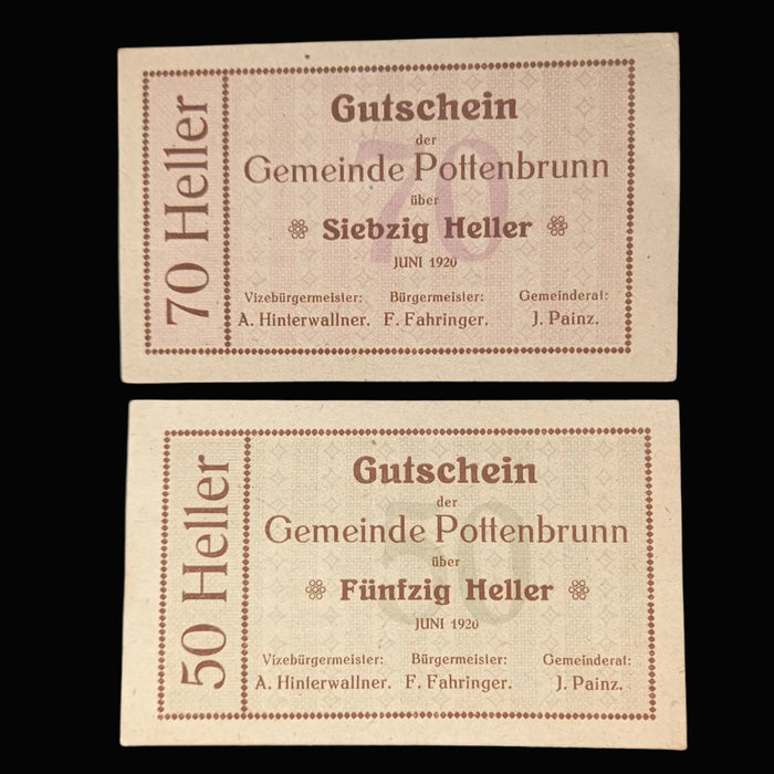 Antique Banknote Notgeld 1920 Austria Heller Voucher 4pc Set Geiersberg Pottenbrunn WWI
