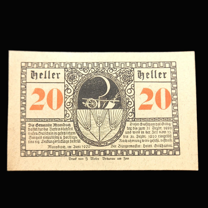 Antique Banknote Notgeld 1920 Austria Moosbach Castle 50 20 Heller Set Emergency Money