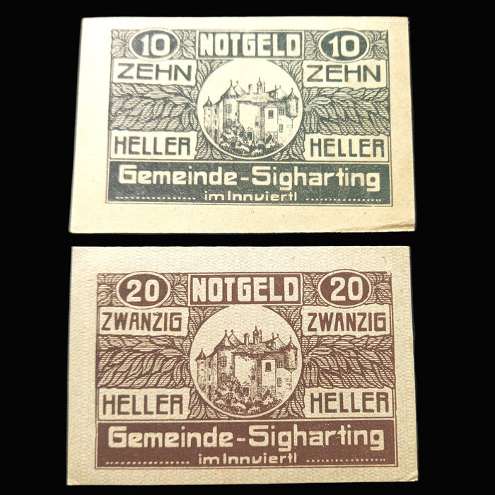 Antique Banknote Notgeld 1920 Austria Sigharting Castle 10 20 Heller Set Emergency Money