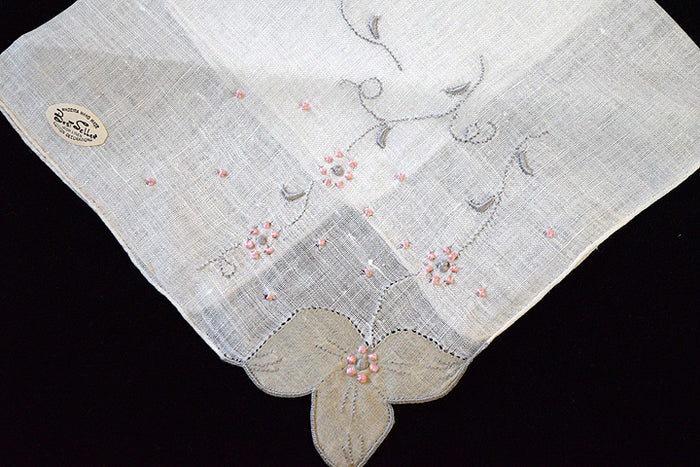 Applique Gray and Pink Vintage Linen Handkerchief, Madeira