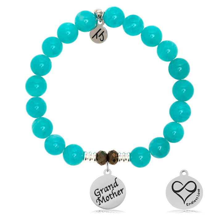 Aqua Amazonite Stone Bracelet with Grandmother Sterling Silver Charm