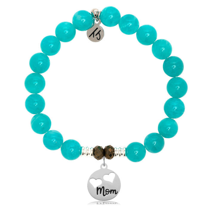 Aqua Amazonite Stone Bracelet with Mom... Sterling Silver Charm