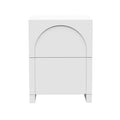 Archen 2 Drawer Arch Detail Bedside Table in White, featuring a minimalist design with two stacked drawers, an arch groove pull on the top drawer, and short block legs.