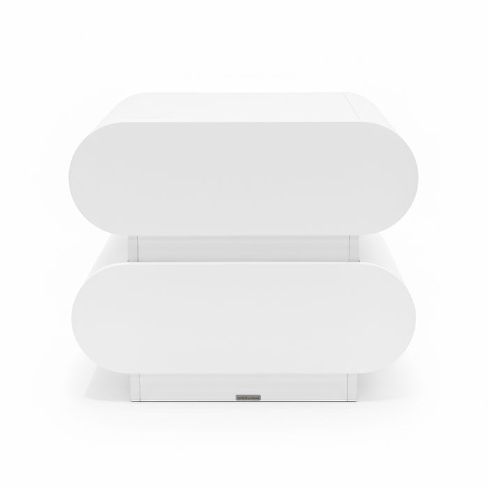 Ardenne 55cm Curved Bedside Table With Drawers in White, featuring sleek, pill-shaped design with two oval-ended drawers, offering modern minimalist style and compact storage solution for bedrooms.