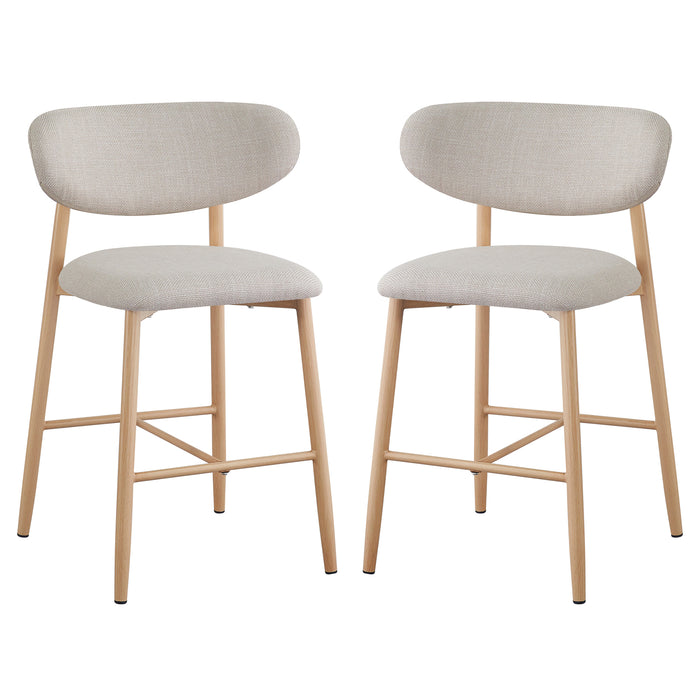 Audrey Curved Dining Chair & Bar Stool Bundle features light-wood legs and elegantly curved light-beige upholstered seats and backs, offering a luxurious and sophisticated design for premium interior spaces.