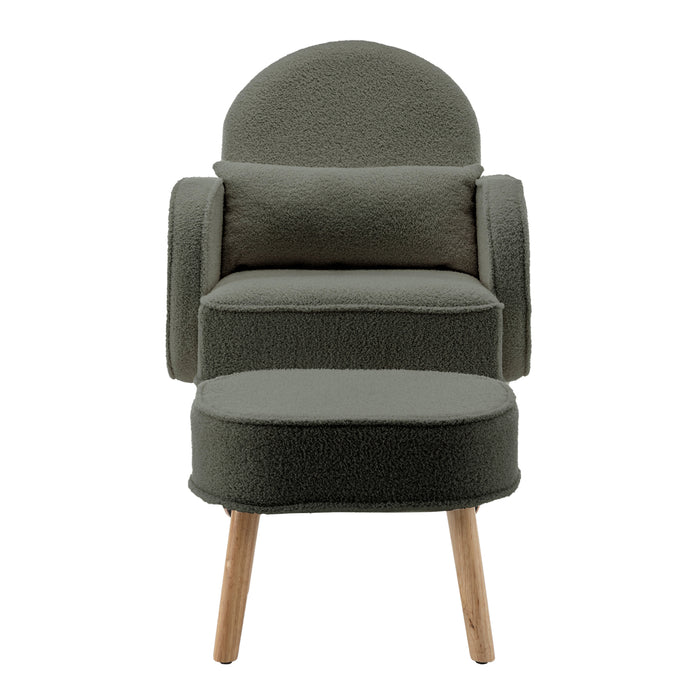 Aura Boucle Rocking Chair with Ottoman in Green, featuring a rounded padded backrest, integrated armrests, loose lumbar cushion, and matching footstool, all on light-wood tapered legs.