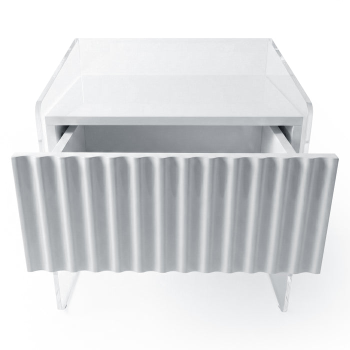 Acrylic nightstand with open drawer on white background