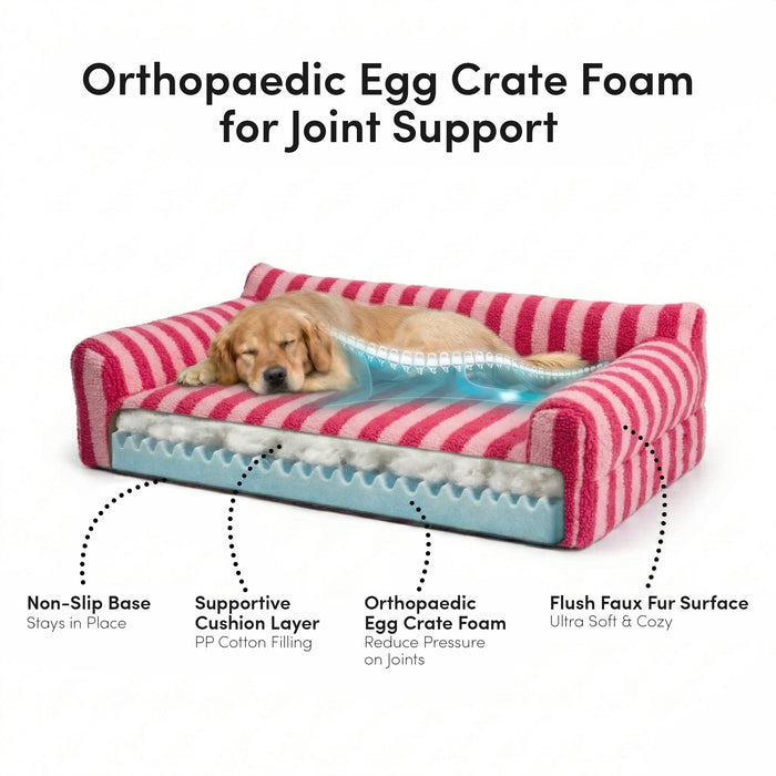 Orthopaedic egg crate foam dog bed with pink stripes, cutaway showing internal layers