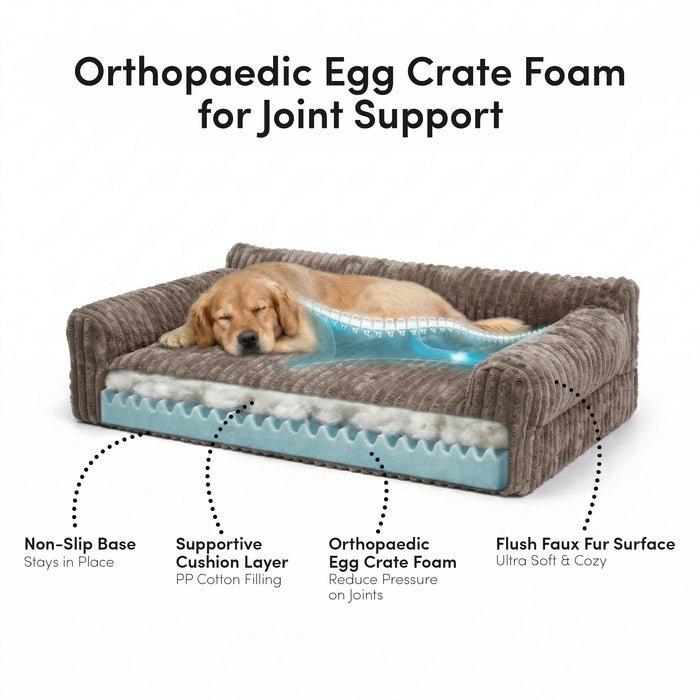 Cross-section of brown corduroy orthopaedic dog bed showing egg crate foam layers and non-slip base with sleeping golden