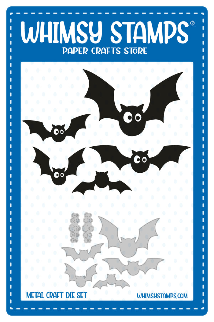 Whimsy Stamps metal craft die set product display featuring bat shapes with googly eyes.