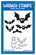 Whimsy Stamps metal craft die set product display featuring bat shapes with googly eyes.
