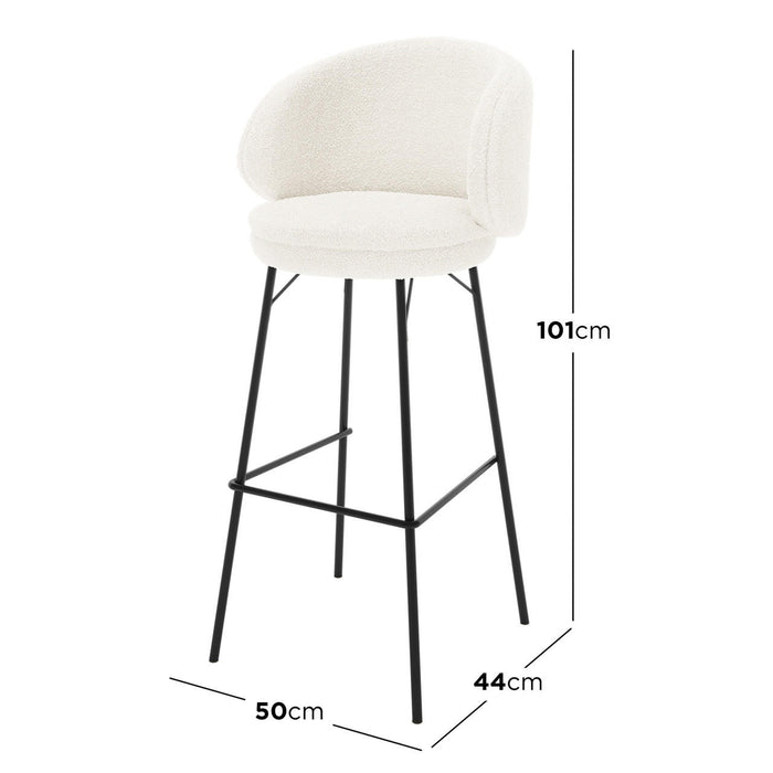 Belize High Back Boucle Bar Stool Set of 2 in Cream White features round padded seats, low curved backrests, slender black metal legs, and footrest, offering modern elegance and comfort.