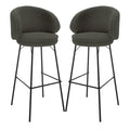 Belize High Back Boucle Bar Stool Set of 2 in Green, featuring round, padded seats with low curved backrests in boucle fabric, powder-coated metal legs with footrests, and anti-slip pads for stability.