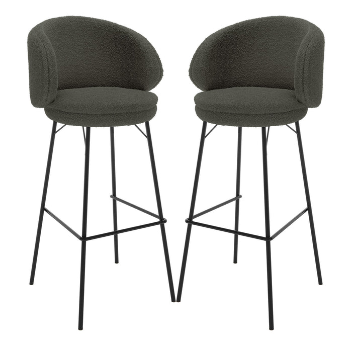 Belize High Back Boucle Bar Stool Set of 2 in Green, featuring round, padded seats with low curved backrests in boucle fabric, powder-coated metal legs with footrests, and anti-slip pads for stability.