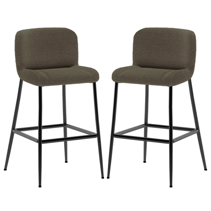 Bernie High Back Boucle Bar Stool Set of 2 in Green features boucle-style upholstered seats with low backs on slim black metal legs, complete with a square footrest for contemporary elegance.