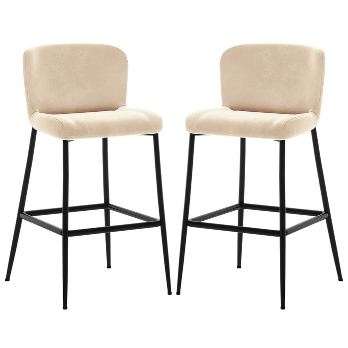 The Bernie High Back Velvet Bar Stool Set of 2 in Oatmeal features beige upholstered seats with low backrests, supported by matte-black metal legs and integrated footrests, offering modern elegance and comfort.