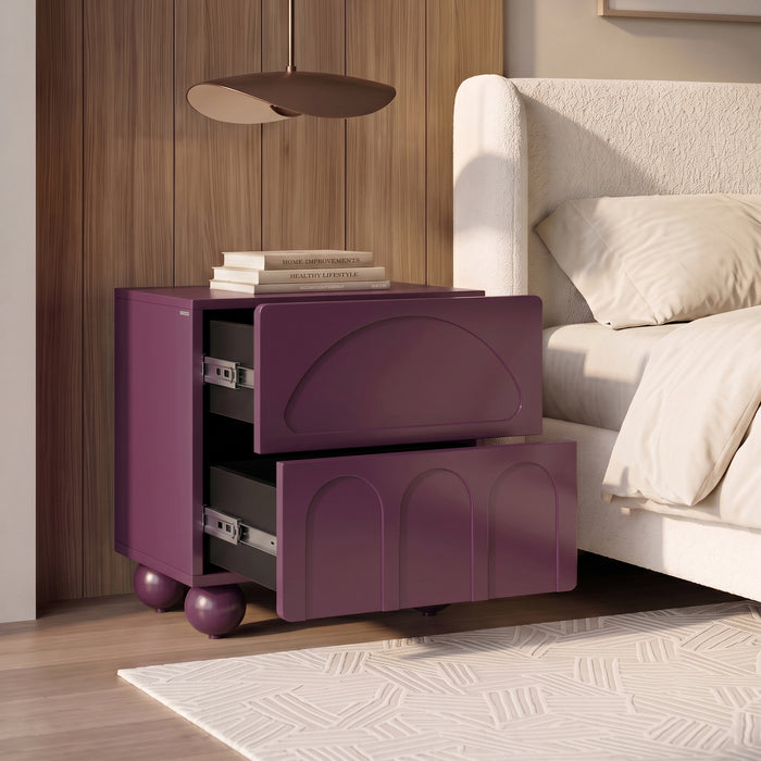 Purple nightstand with partially open drawers in a modern bedroom