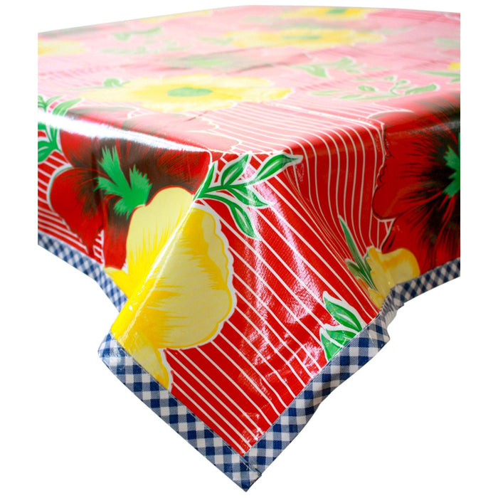 freckled sage big flowers and stripes red oilcloth tablecloth with navy blue gingham trim