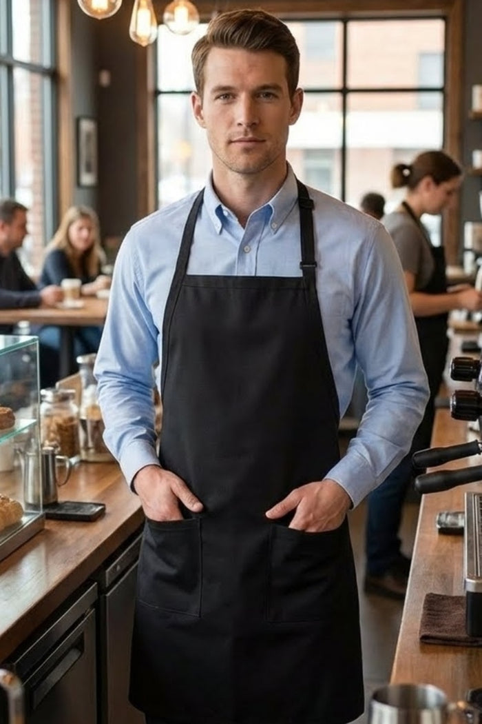 Fame Black Bib Adjustable Apron (2-Patch Pockets)