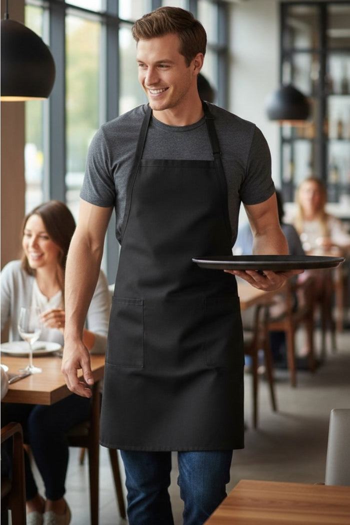 Fame Black Bib Adjustable Apron (2-Patch Pockets)