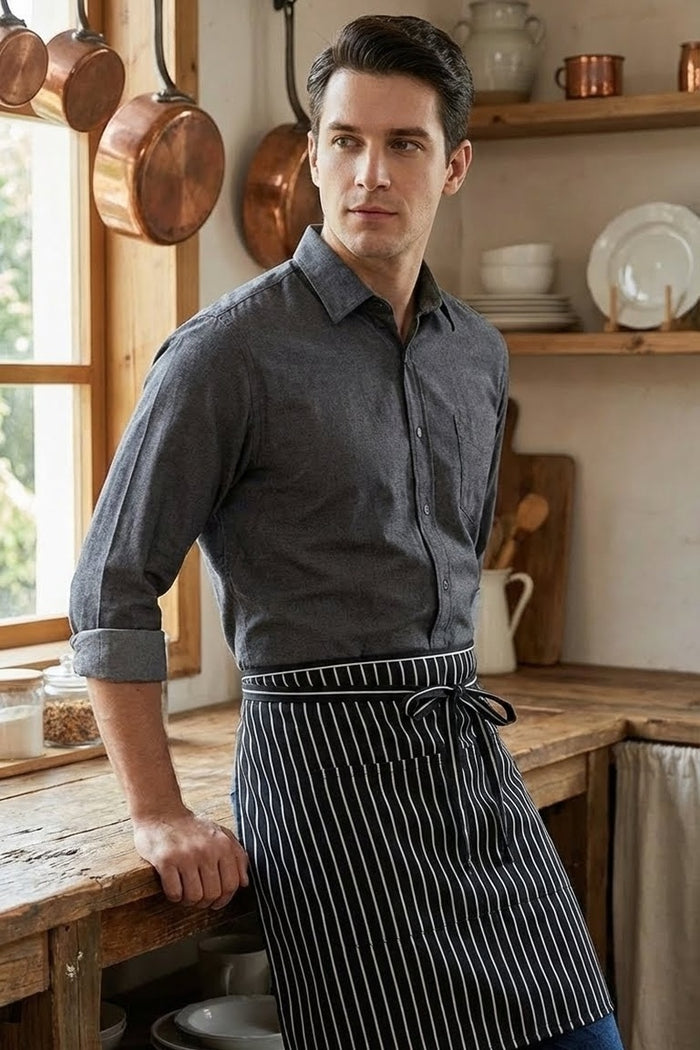 Fame Black & White Chalk Stripe Half Bistro Apron (2 Pockets)
