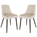 Blythe High Back Fabric Dining Chair Set of 2 in Beige features armless design, curved upholstered seats, and four slender dark-finished legs, combining modern style with comfort for dining areas.