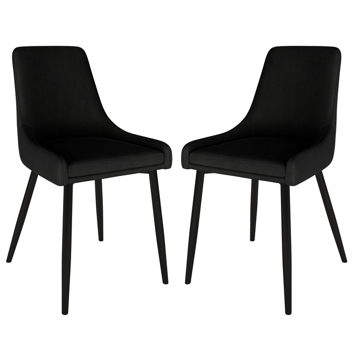 Blythe High Back Fabric Dining Chair Set of 2 in Black, featuring curved upholstered seats and backs, slender tapered legs, and anti-slip foot pads, offering modern style and comfort.
