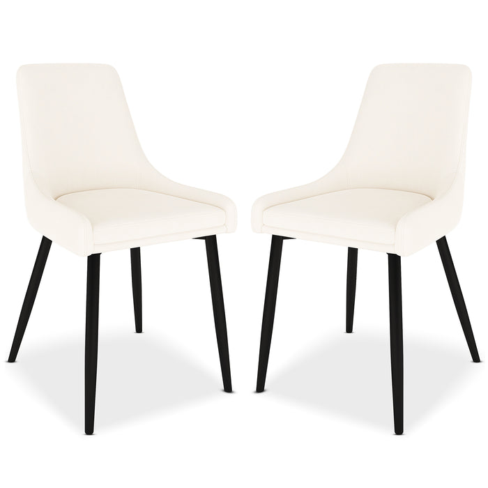 Blythe High Back Fabric Dining Chair Set of 2 in Cream White, featuring smoothly contoured upholstered seats and backs, supported by slender, slightly splayed black legs, exuding modern elegance.