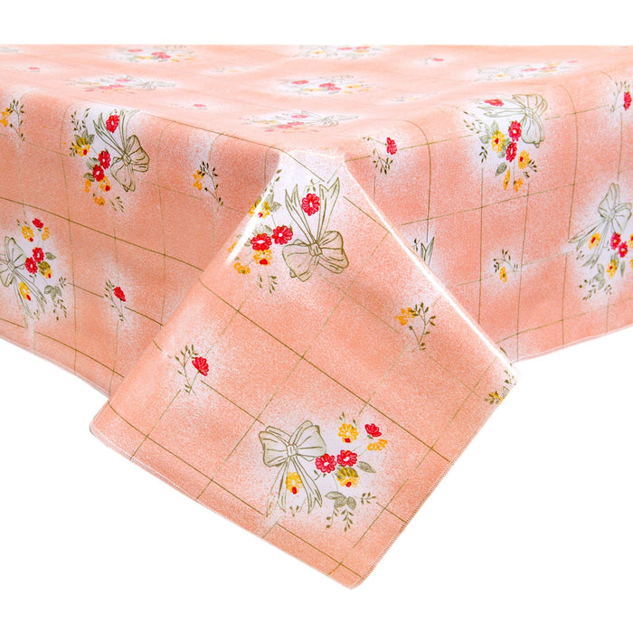freckled sage bows and bouquet salmon oilcloth tablecloth with a simple hem